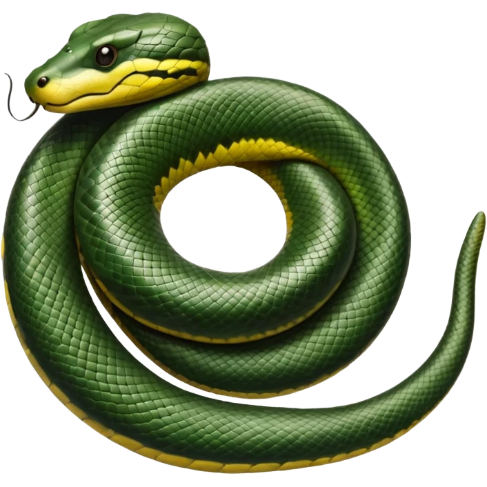 A photo-realistic top-down view of a Green Anaconda tightly coiled in a spiral, with its broad, flat head resting at the center. Its thick, muscular body is olive-green and covered in symmetrical, bold black oval spots that stand out against its smooth scales, creating striking natural camouflage. emoji