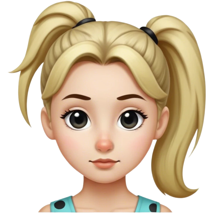 A side photo of a girl with a ponytail and a big black dot on her cheek with a pointy nose emoji