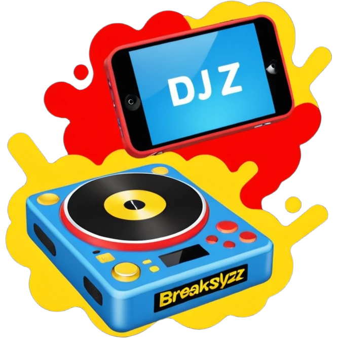 un gif texte qui défile  "BREAKSTYLEZ TV"  change de couleur sur fond noir sur le theme dj emoji