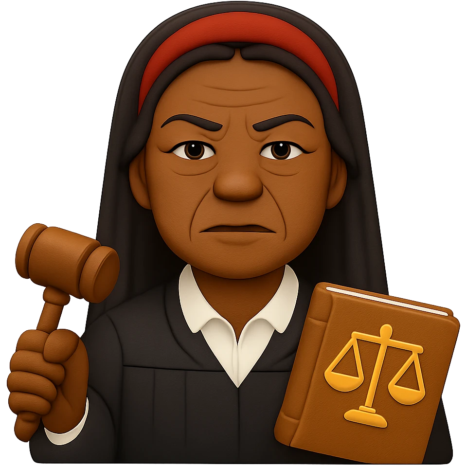 Make the Black woman lawyer look older, with mature facial features and a dignified, strong look. Keep the long black hair, red headband, and sharp personality. Render in emoji style with transparent background. emoji