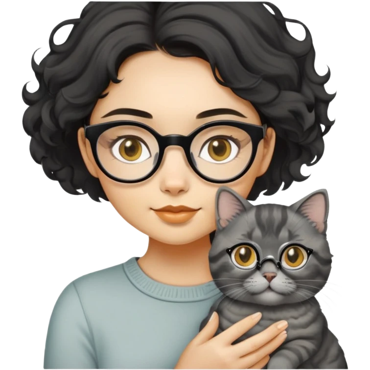 Young woman with oval face and warm yellow-toned skin, black wavy hair, thin-framed glasses, holding a grayish-white Munchkin cat with short legs and charcoal-gray marking under its mouth emoji