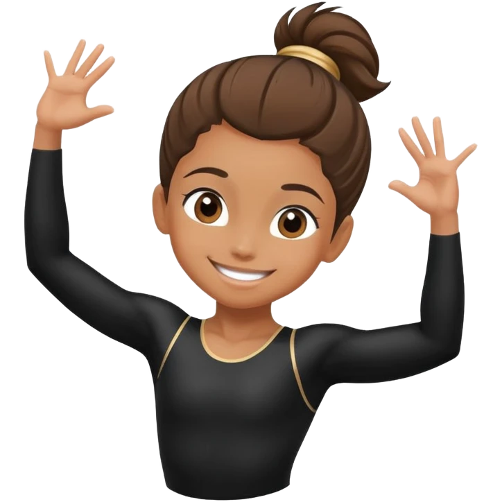 "A gymnast in black outfit with a smile and a look of surprise (normal skin) emoji