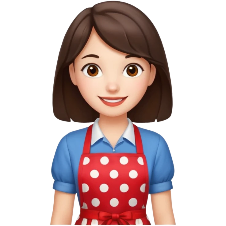 A brunette housewife girl in a red apron with white polka dots. Smiling  emoji