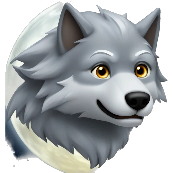 Silver wolf with whings in front of the moon howling, he has dark brown eyes emoji