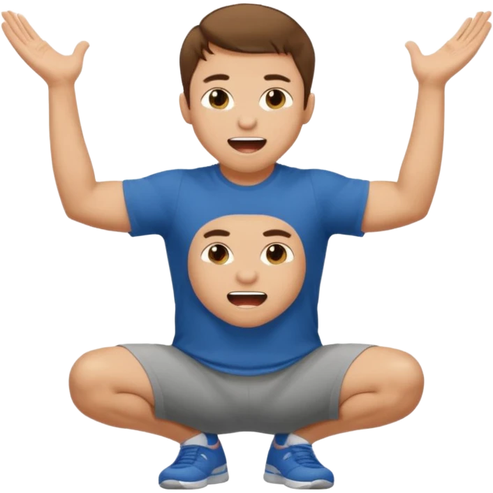Make a normal wieght guy facing forward squatting with a t-shirt on and his hands up and his mouth open emoji