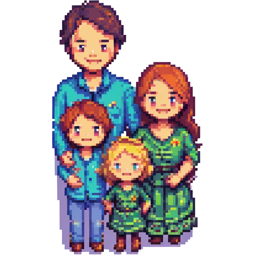 a family of four smiling together, pixel art style, simple background emoji
