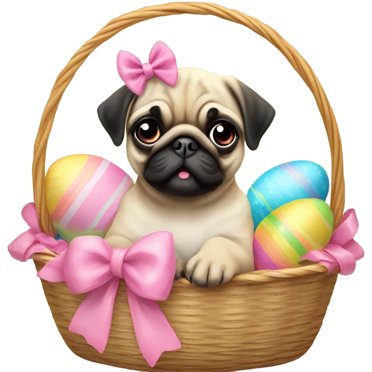Baby pug with big pink
eyes wearing a pink bow sitting in an Easter basket  emoji