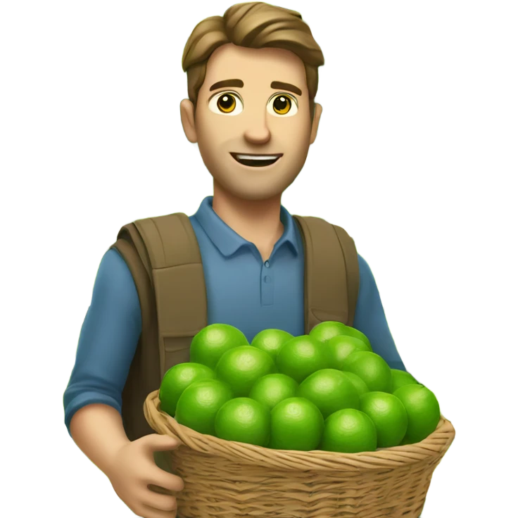 A white man with brown hair and tall carrying many limes in his hands in a supermarket. Make it so the limes are nearly overflowing the basket  emoji