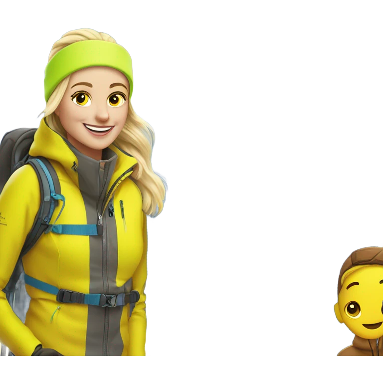 smiling blonde in outdoor jacket ski mountains behind me skiing passing a guy with a bright yellow fluorescent ski jacket with brown pants emoji