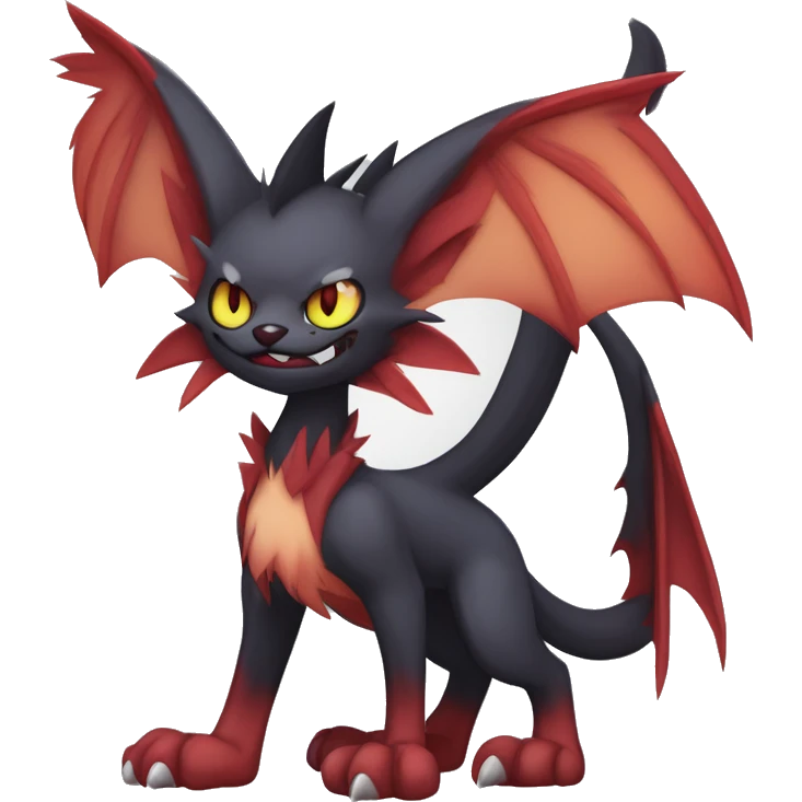   cool edgy fantasy anime-style dark animal vampiric Litten-Zoroark-Nargacuga-cat-hybrid Fakemon with big fangs and bat-ears full body emoji