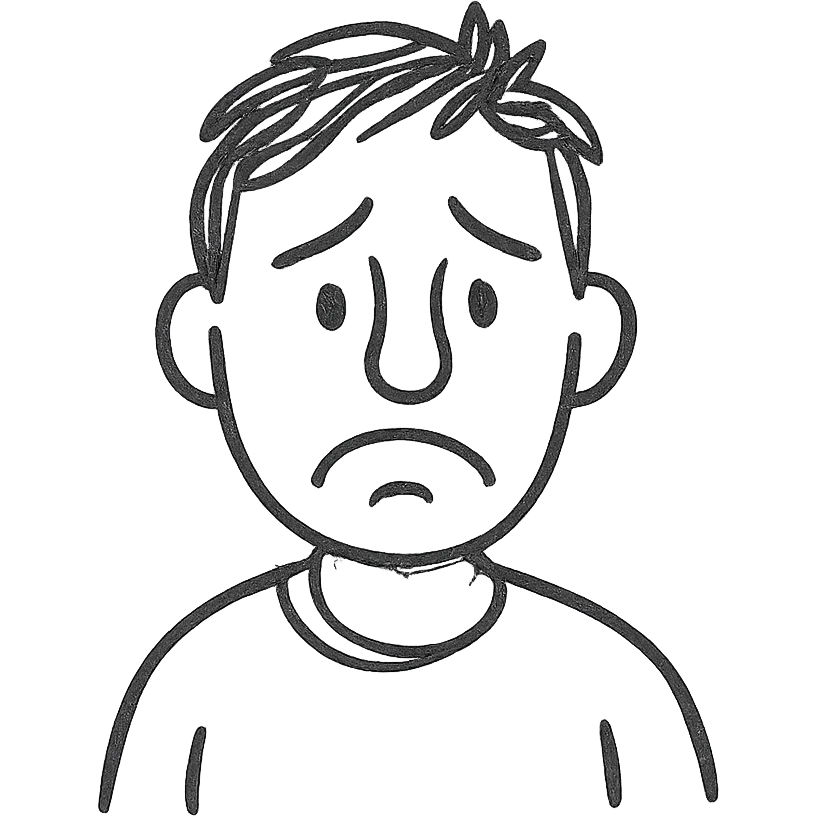 a sad and lost looking man, expressive face, hand-drawn black outline style emoji