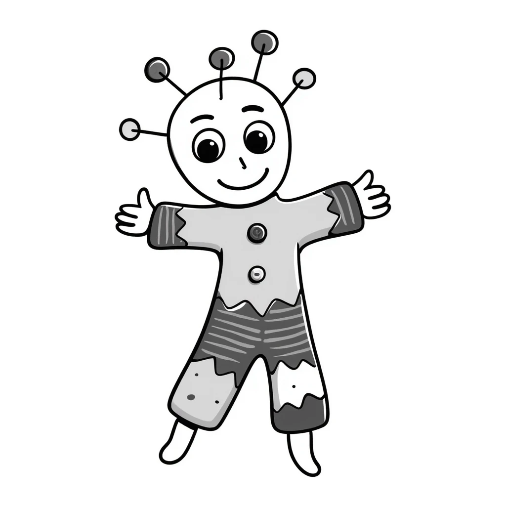 A hand-drawn colorful voodoo doll with stitches, multicolored fabric patches, big button eyes, and pins sticking out emoji