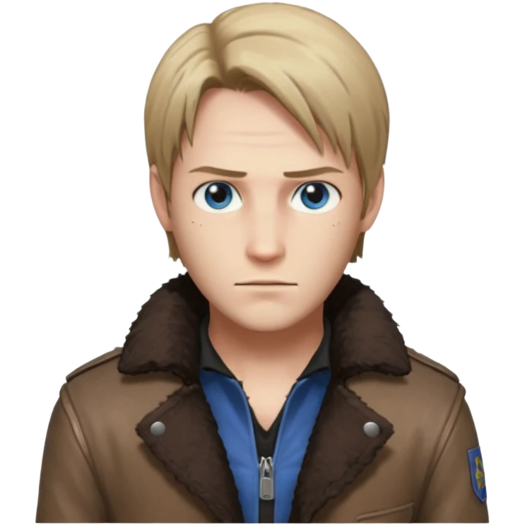 Leon Kennedy from resident evil 4 remake in sheepskin coat and black t-shirt blue eyes clean-shaved emoji