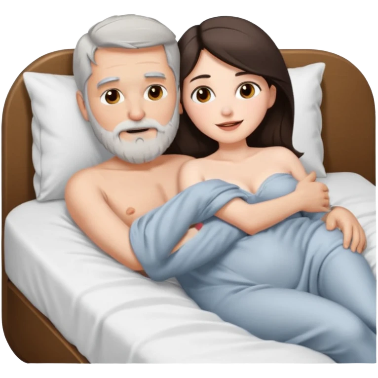Grey haired bearded man , and pretty brunette woman naked spooning in bed emoji