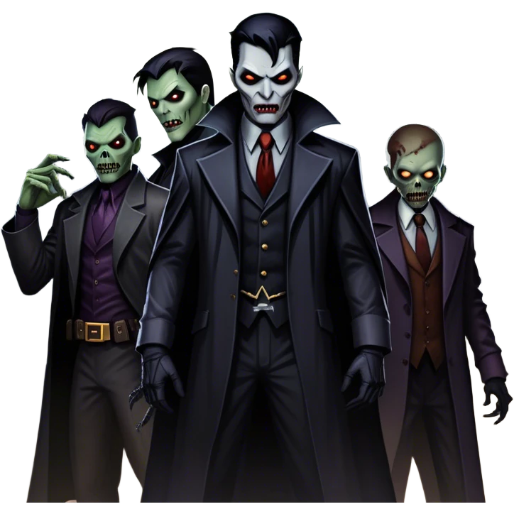Icon for Thriller Movies: A large, dramatic collage featuring sinister villains and zombies in dark clothing. The background shows the gloomy cityscape of Gotham with dim lighting and eerie shadows. The atmosphere should be tense, mysterious, and suspenseful. Transparent background. emoji