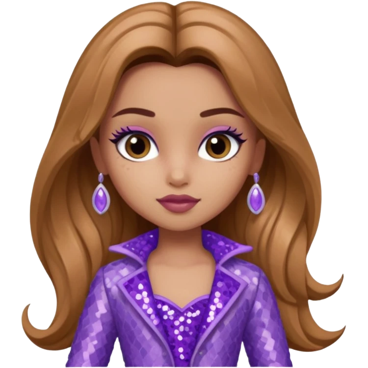 Yasmin from Bratz with long light brown hair and lavender sequin outfit emoji