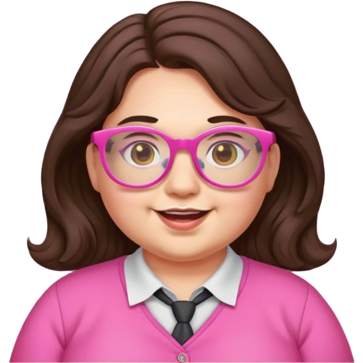 chubby English teacher, happy, wearing pink glasses, wavy long dark brown hair, face only, gamer vibe, classroom background, emoji style, for online classes emoji