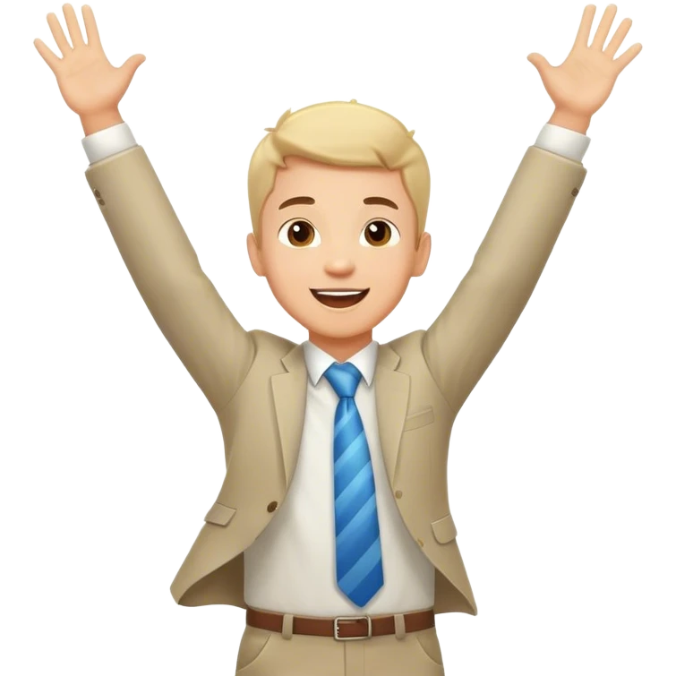 A business man boy who is happy and jumping high with hands up and hurray emoji
