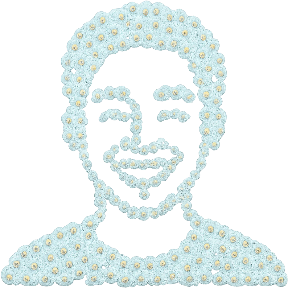 bright and recognizable image of a person from shoulders up, front view, composed of small emoji clouds, no text emoji