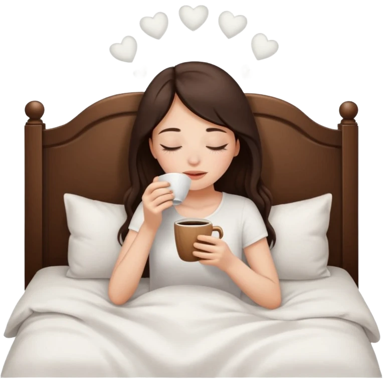 Brunette white skined girl who closes her eyes and smells coffee while drinking coffee in her white bed emoji