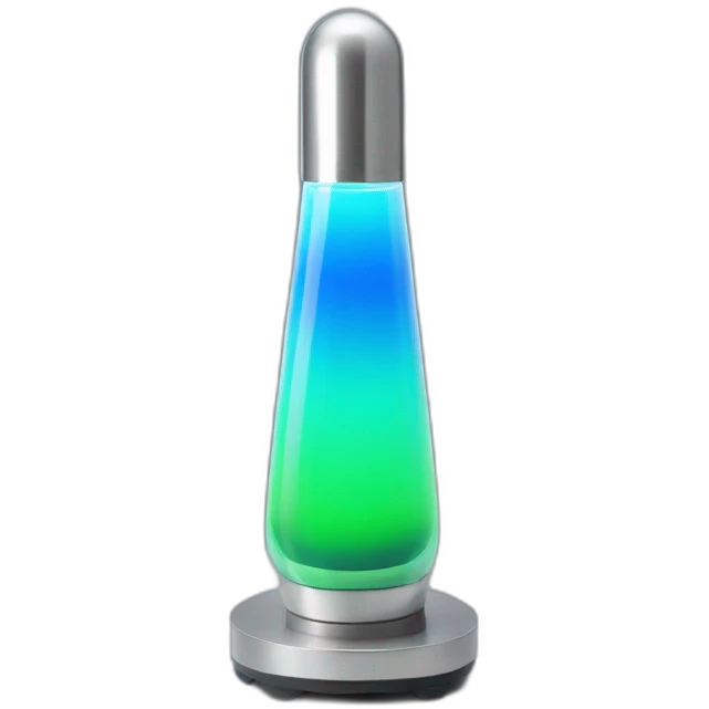 blue and green lava lamp with silver base and top emoji