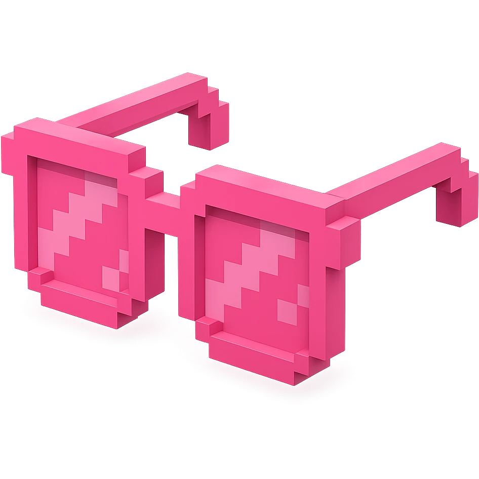 Voxel-style pink glasses with pink lenses, no background, following the silhouette from the reference image, with a different pattern. emoji