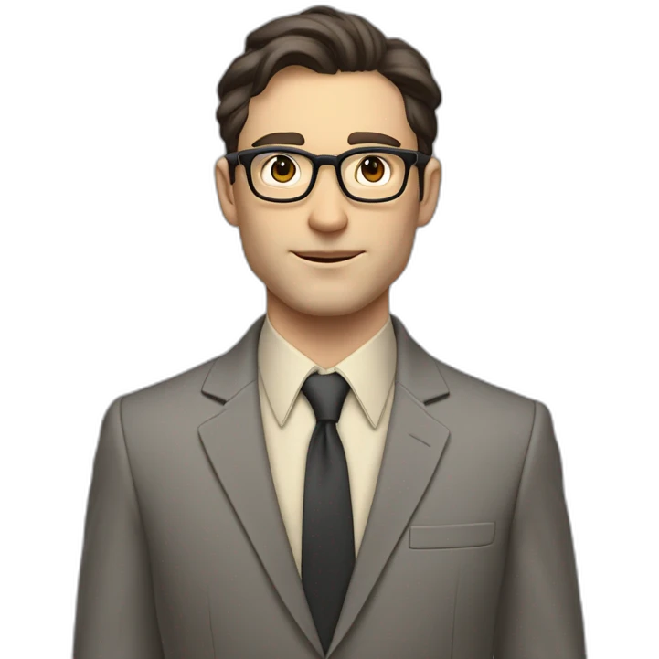 Full height Pale skinned Fit Man With dark brown hair in classic gray suit, beige office shirt, dark gray tie, and vintage glasses. Thrumbs of his palms directed up emoji