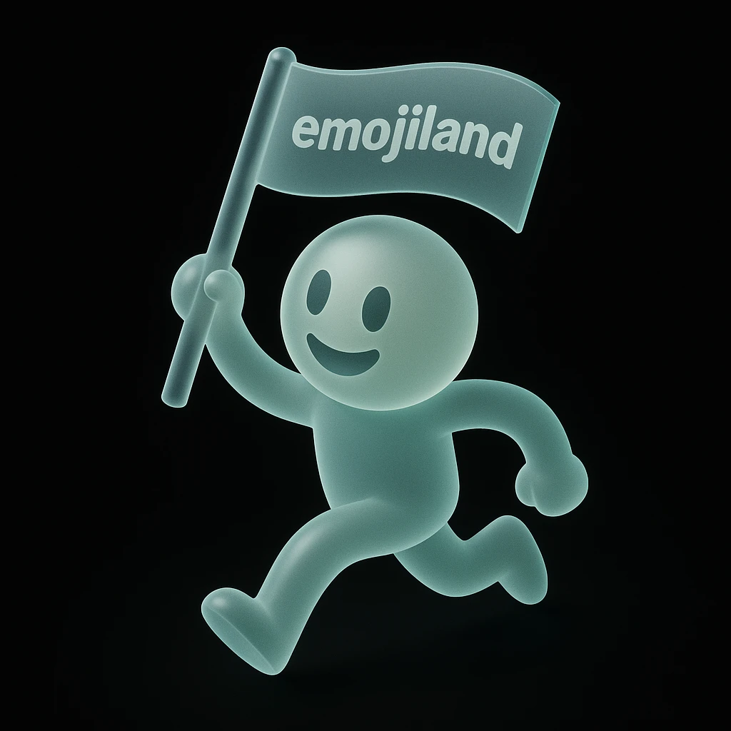 happy runner waving a flag that says 'emojiland' emoji