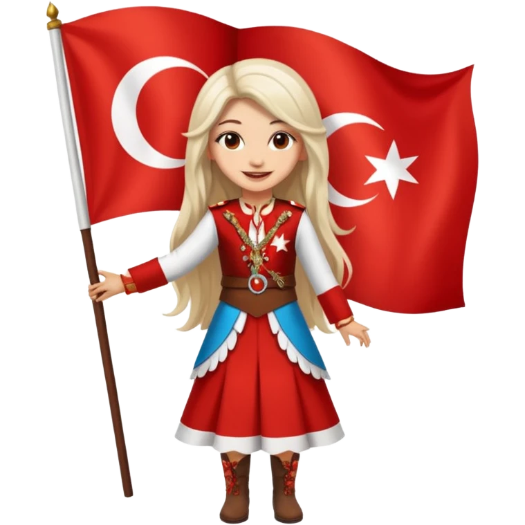 ultra sexy happy Turkish girl with Turkish flag in national outfit, full body, long bright hair emoji
