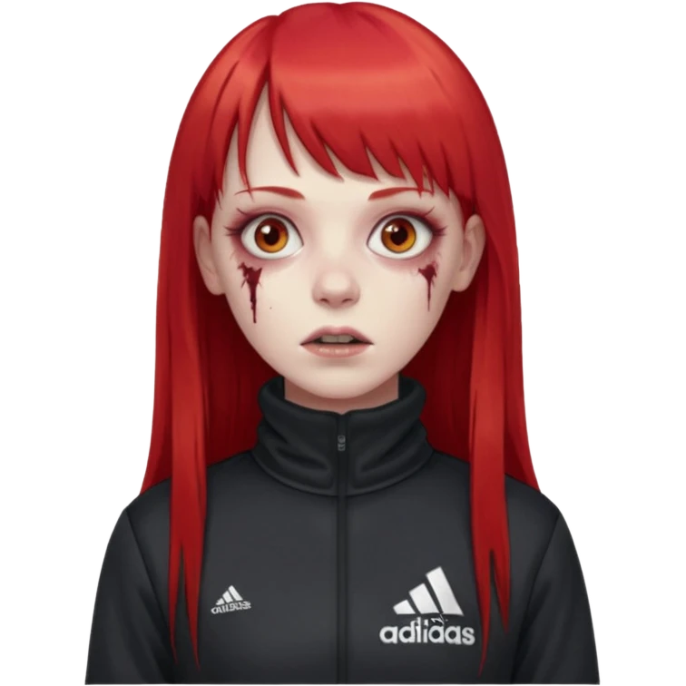 Crie um emoji de uma menina zumbi  com o cabelo vermelho longo com uma franja reta casaco de gola alta da adidas emoji