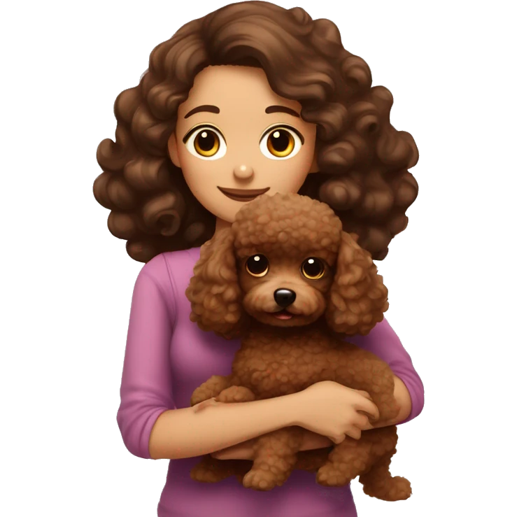 Beautiful curled hair brunette girl hugging a brown toy poodle emoji