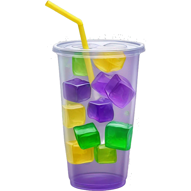 Realistic see through plastic cup and lid with half full Transluscent yellow, green ,purple soda,straw and large ice cubes inside. emoji