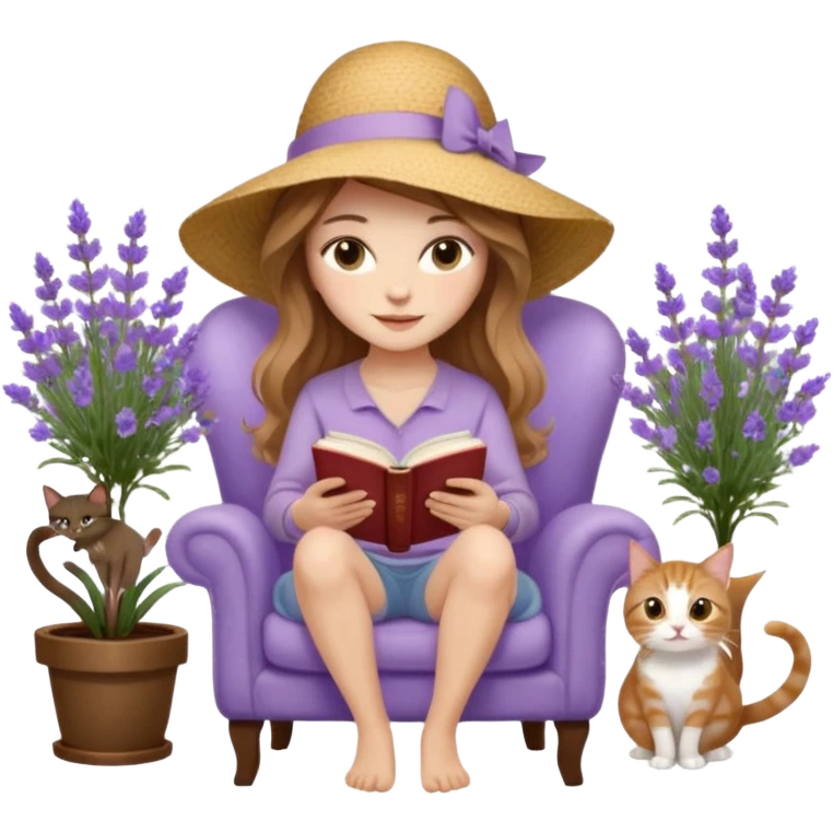 a woman with long light brown wavy hair and light brown eyes reading a book, sitting on a comfortable reading chair, two cats (one black cat and one brown tabby cat) beside her, small table with a cup of coffee, garden setting with lavender flowers around her emoji