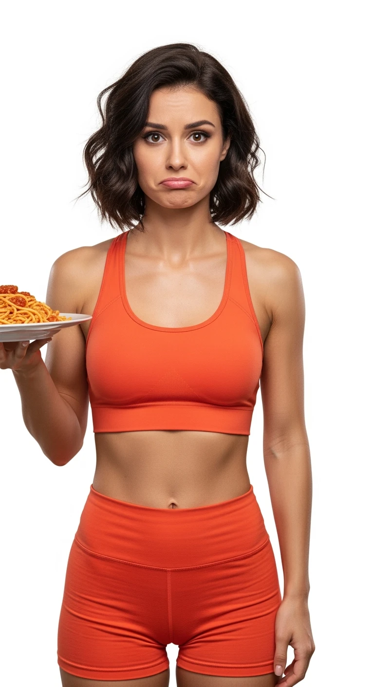 DONNA FITNESS ITALIANA CON PIATTO DI PASTA IN MANO ED ESPRESSIONE DISPIACIUTA IN VOLTO, REALISTICA 4K, ISOLATA SU SFONDO BIANCO emoji