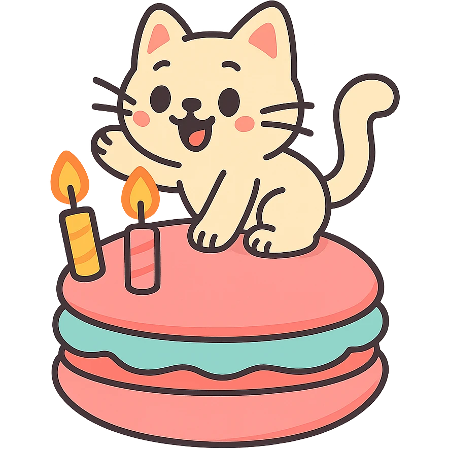 kitten riding giant macaron with candles, pastel-toon style emoji