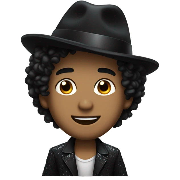 A man with light skin a small nose curly black hair with a curl coming down his face with a sparkly black jacket and a black fedora emoji