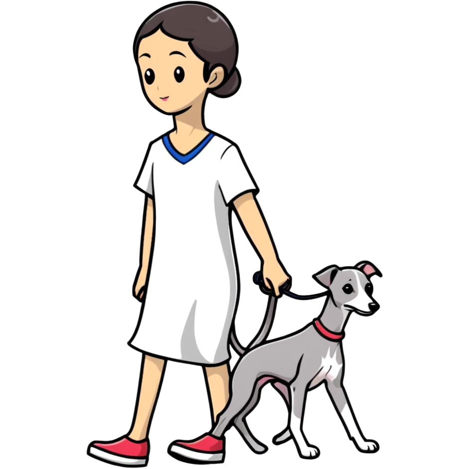 Asian girl walking an all grey Italian greyhound emoji