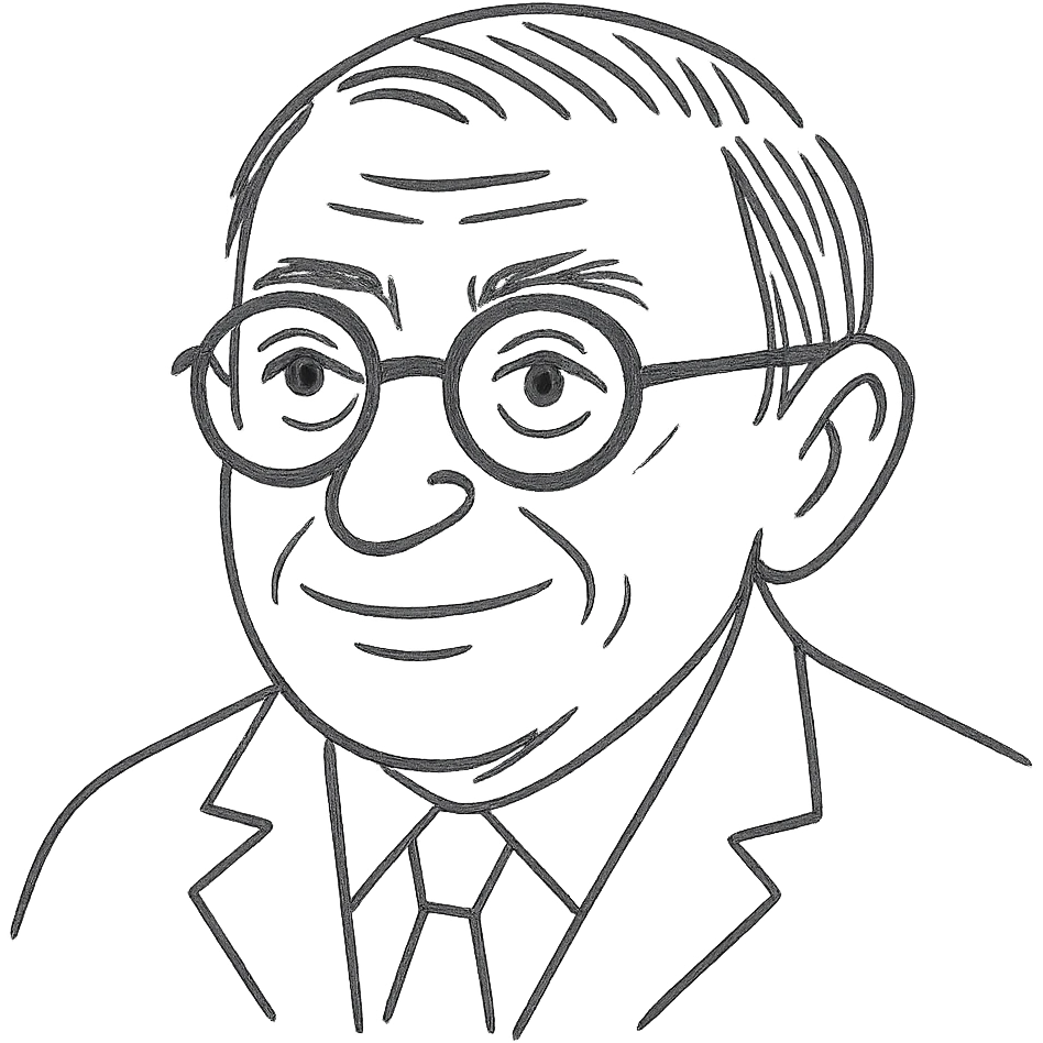 Enhance the hand-drawn look of the Jean-Paul Sartre black outline drawing by adding a bit more strokes, keeping it clean and not overly busy. Maintain the neutral smile, round glasses, and transparent background. emoji