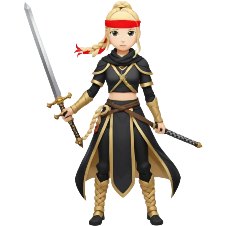 Aether (from Genshin Impact) with black and golden clothes, white scarf, long blonde braided ponytail, with a sword (full body) emoji