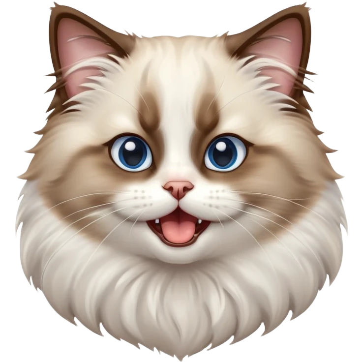cinematic-adorable-big-eyed-fluffy-brown and white ragdoll-cat-portrait-emoji,-head-tilted-playfully-with-a-cute,-yawn,-soft-brown-and white-colored-fur-with-darker-points-on-the-ears,-simplified-yet-irresistibly-cute-features, sparkling blue eyes emoji