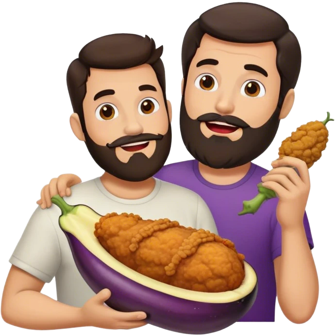 chicken and man with dark hair and beard eating a large eggplant emoji