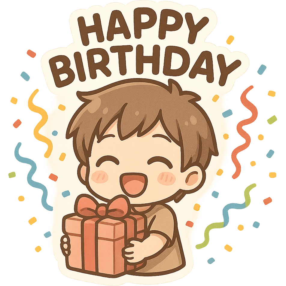happy birthday, gift box, streamers, celebration emoji