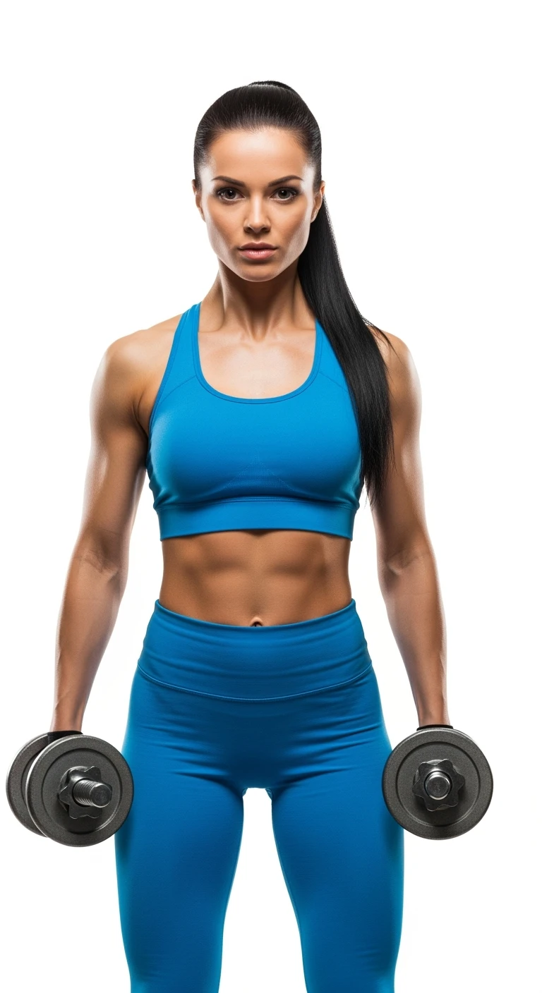 donna fitness in forma con manubri da palestra in mano, isolata su sfondo bianco emoji