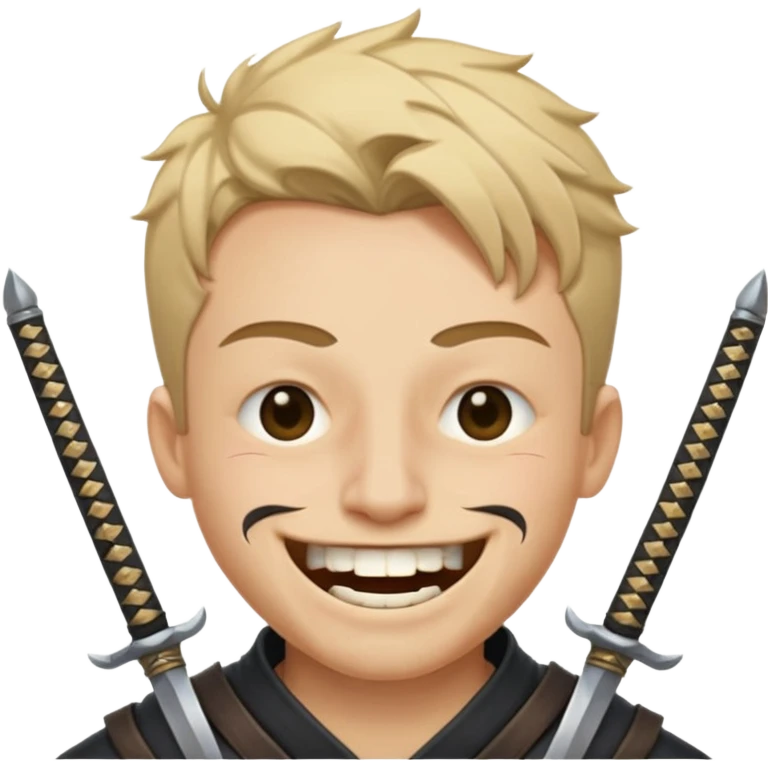 Haz que tenga una sonrisa epica una cicatriz en el ojo serrado y una espada entre los dientes y dos más a cada lado emoji