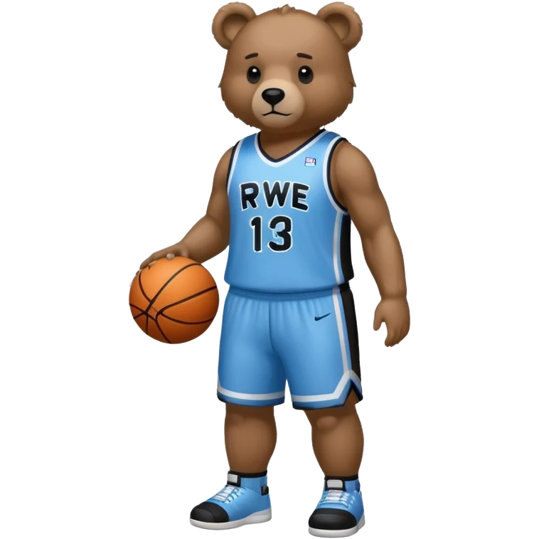 Bear with full body and wearing basketball black and light blue jersey that says RWE  emoji