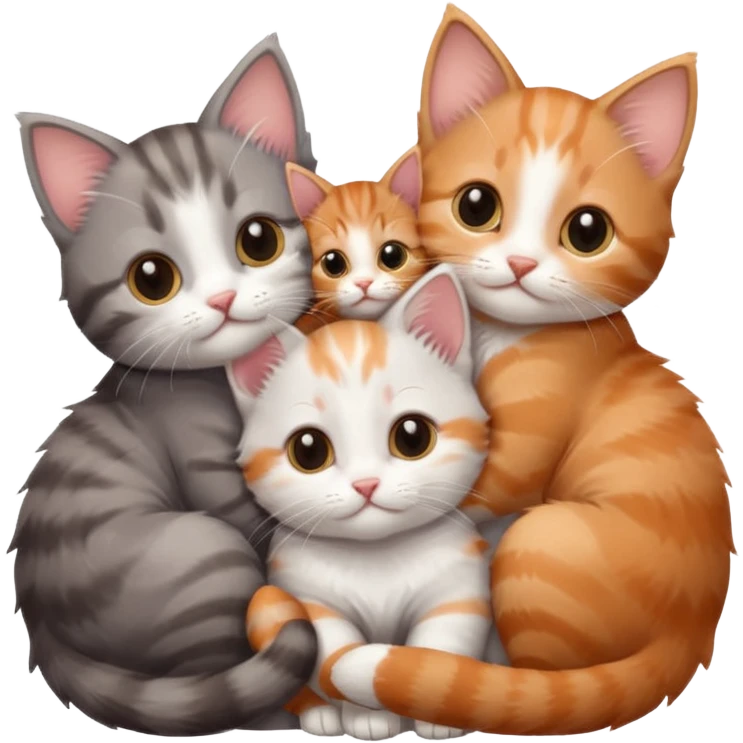 3 tiny kittens cuddling together all different colours, the first one is grey and white, the second is ginger and white and the third is brown tabby and white emoji