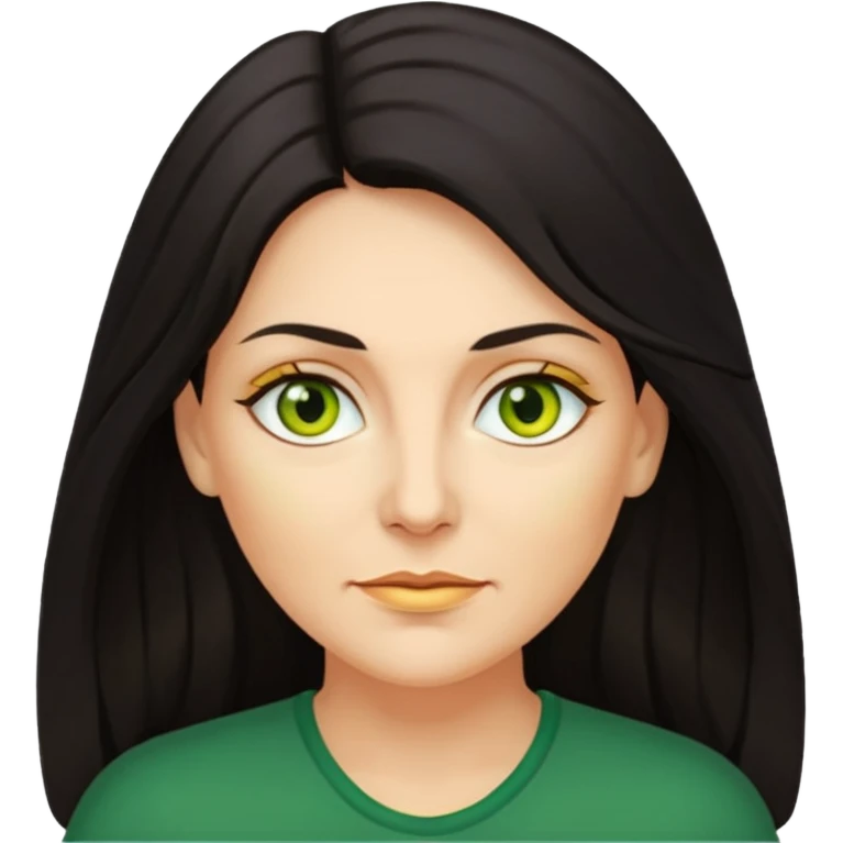 Middle age woman with long dark hair and green-yellow eyes emoji