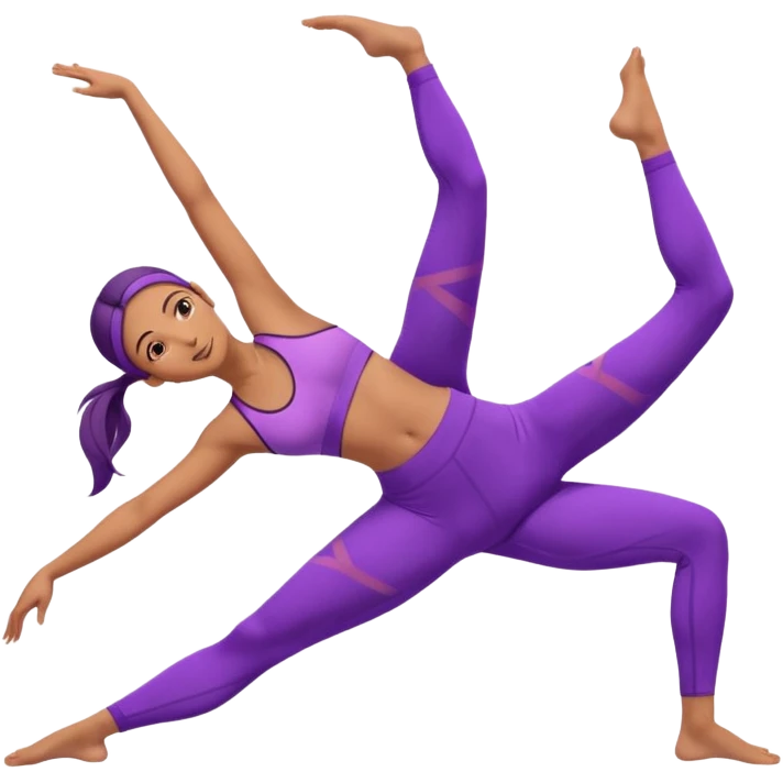 A flexible woman in purple outfit stretching sideways in triangle pose, minimalist background, soft lighting. emoji