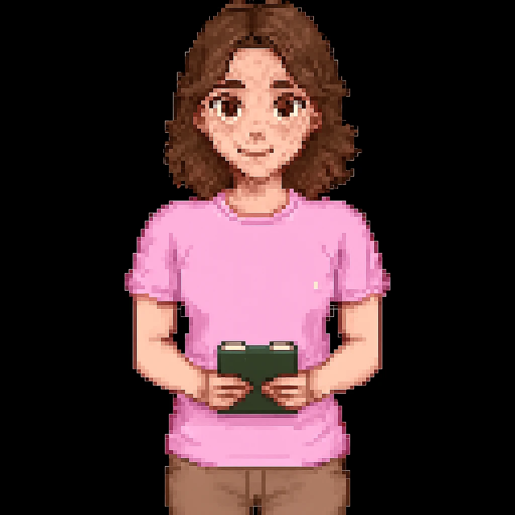 Add brown eyes and freckles on the cheeks to the pixel art teacher with brown hair, white skin, and pink t-shirt. Keep the original pixel art style. emoji