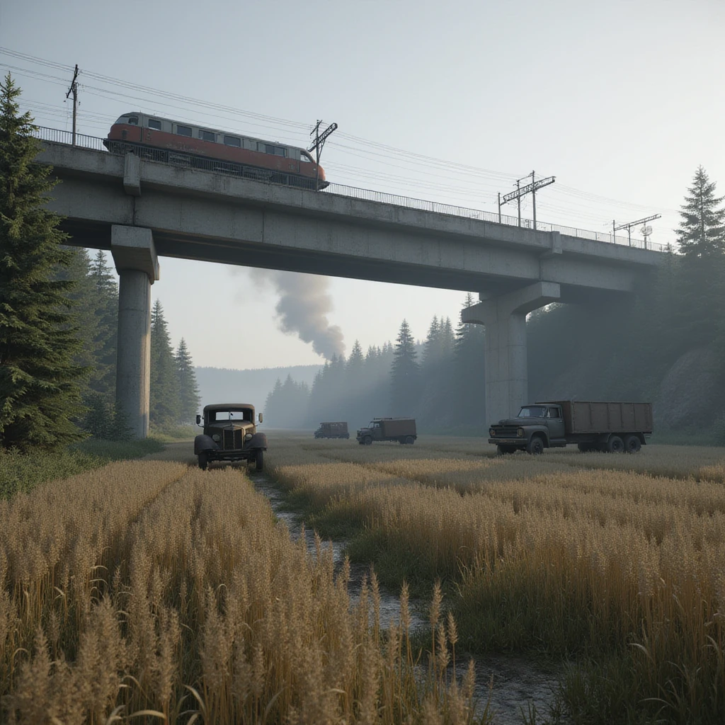  a screenshot of a location in a videogame  the image of the scene consists of:  [above-ground train freeway partially collapsed], a wooded area, a small field of wheat. distant smoke. tall concrete walls, derelict vintage work trucks, more distant smoke. polluted and war-torn emoji